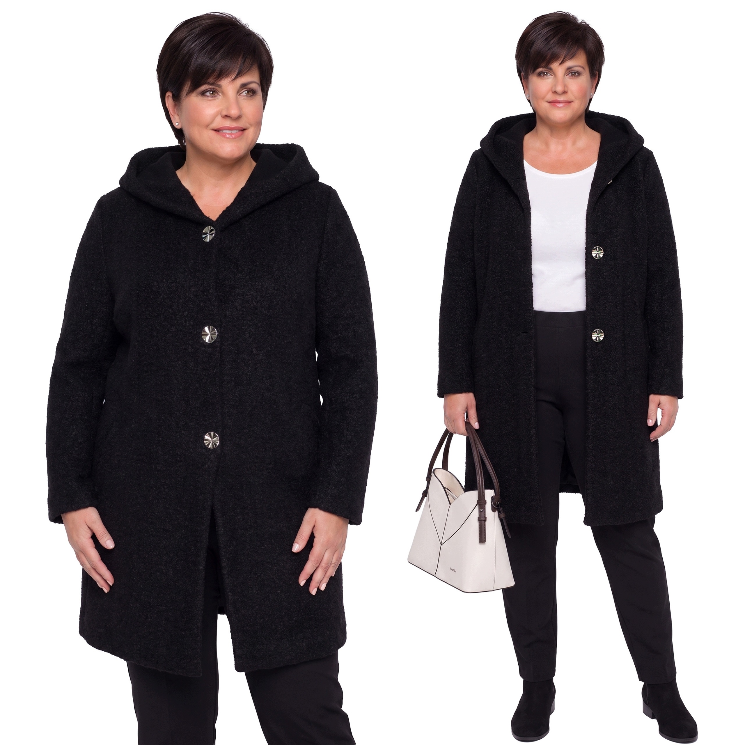 Černý kabát s kapucí plus size velikost 50