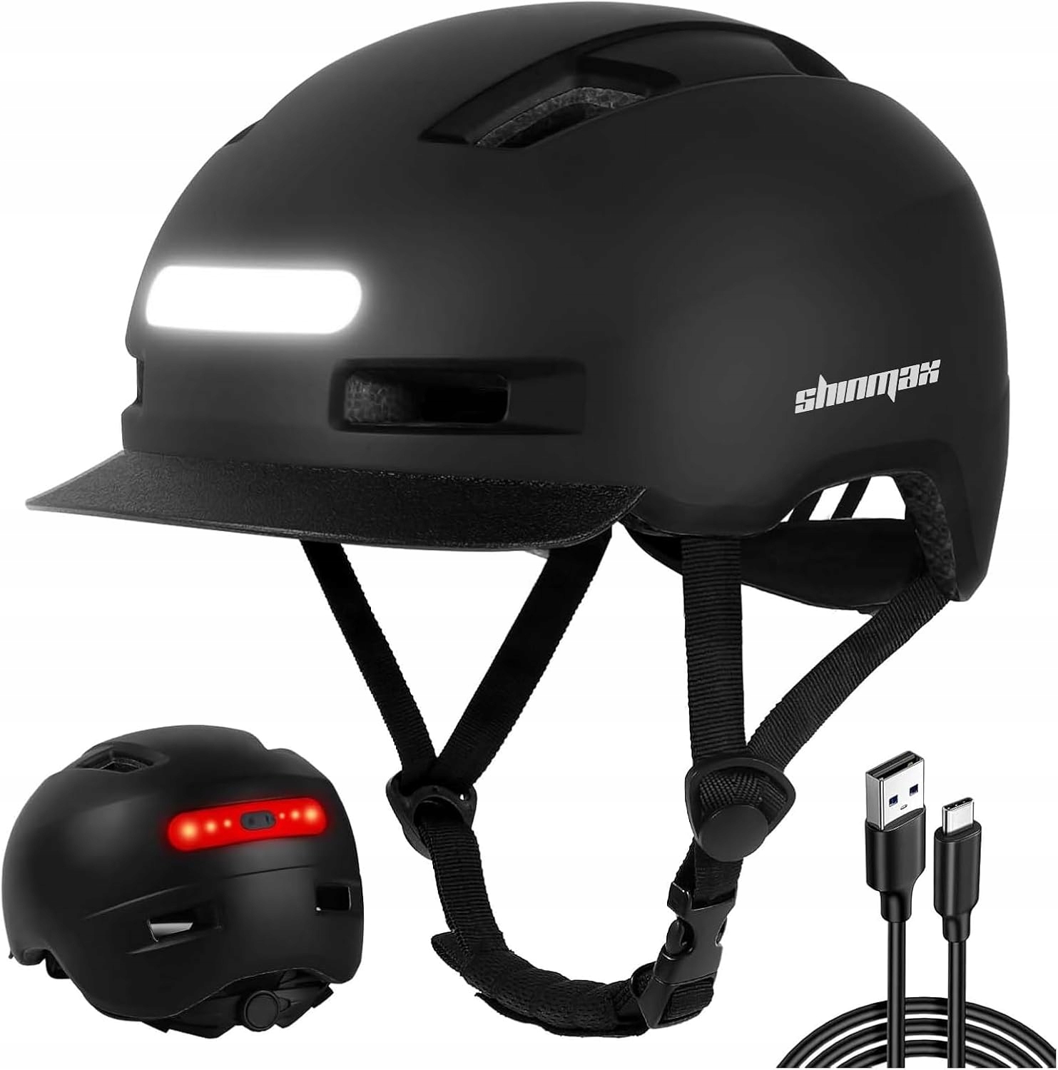 Kask rowerowy z daszkiem regulowany z lampką 55-59 cm Czarny *M