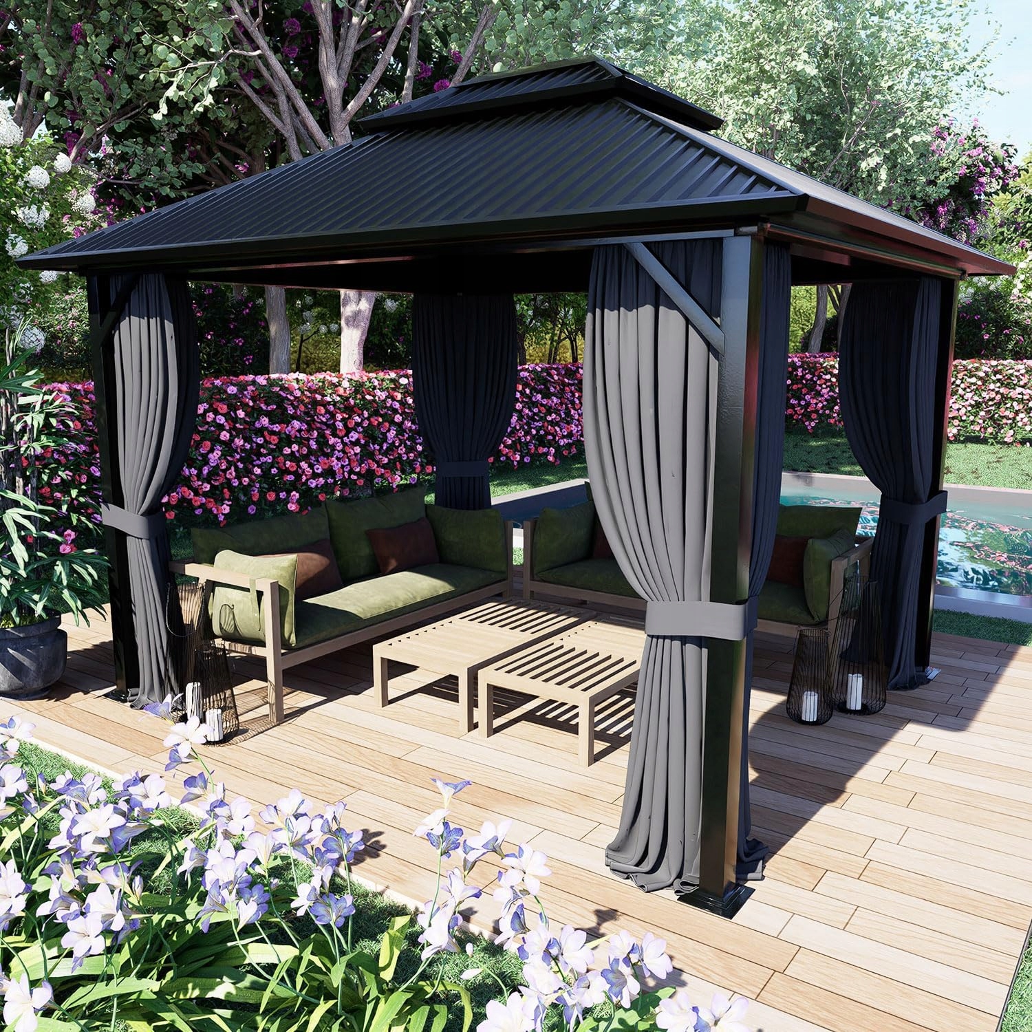 ZASŁONY OGRODOWE WODOODPORNE DO ALTANY NA TARAS 155X200 ZASŁONA Z SZARFĄ Wzór gładki