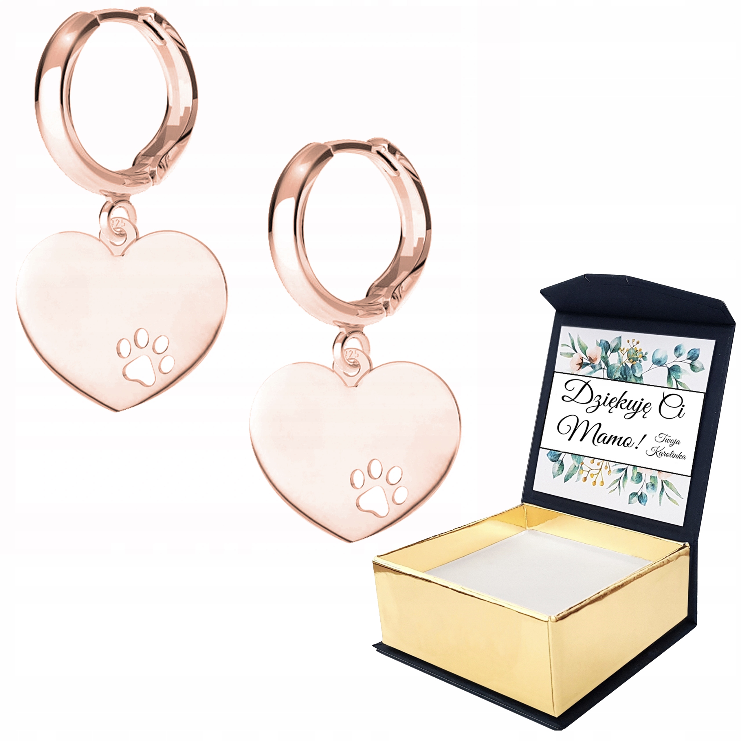 Náušnice růžové zlato srdce tlapka Vlastní Potisk