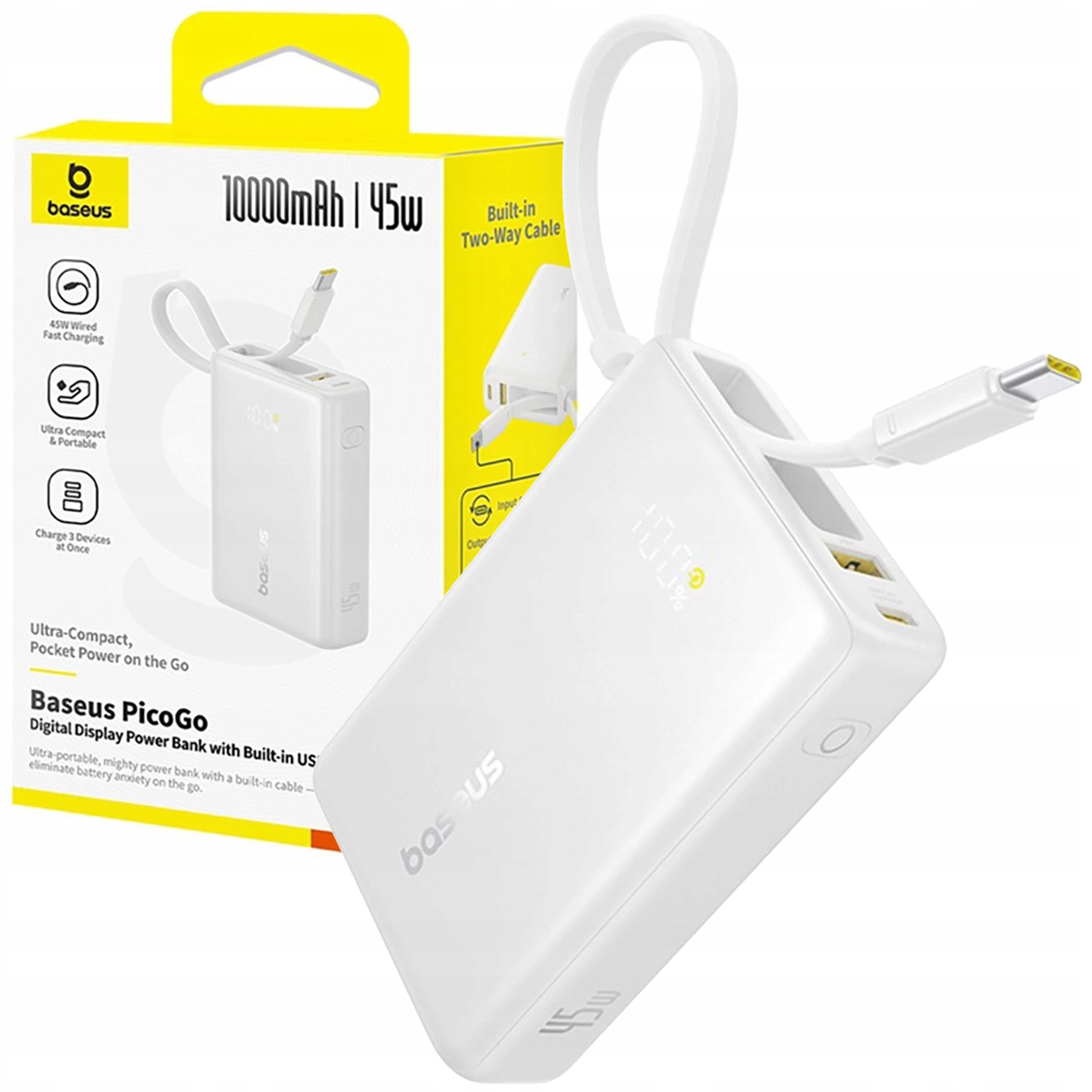 Power Banka Baseus PicoGo 10000 mAh 45W Usb-c Usb-a Led S Vestavěným Kabelem