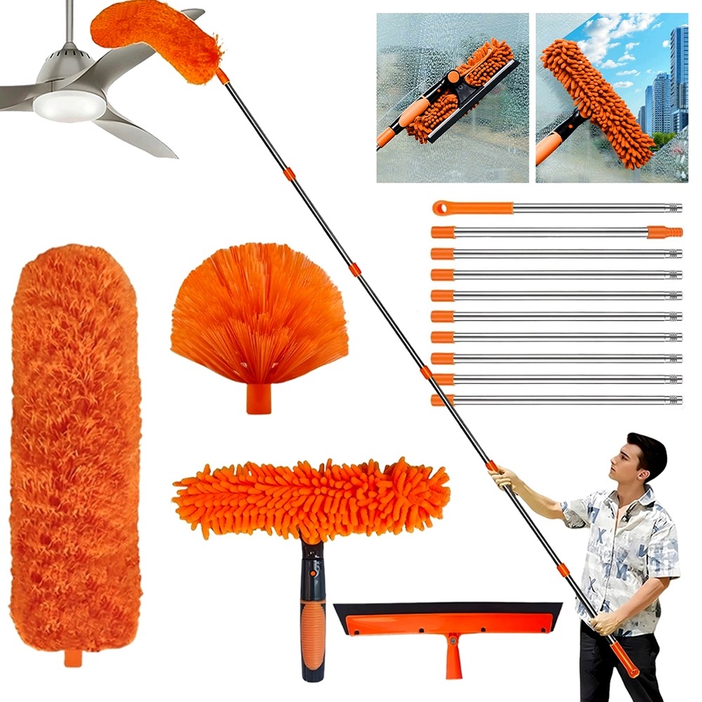 Teleskopický Mop Se 4 Čisticími Hlavicemi Pro Vysoké Stropy, Oranžový