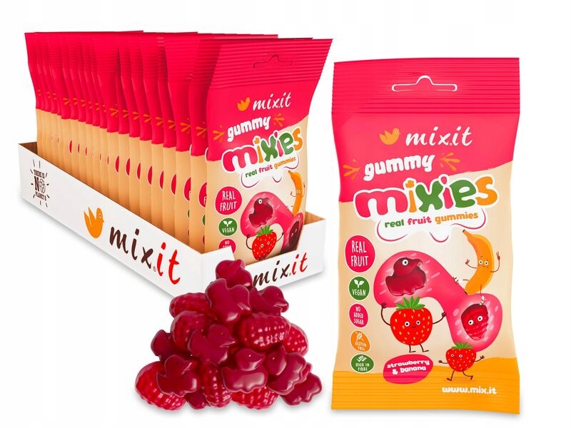 Mixit Owocowe naturalne żelki o smaku truskawki i banana 20 sztuk
