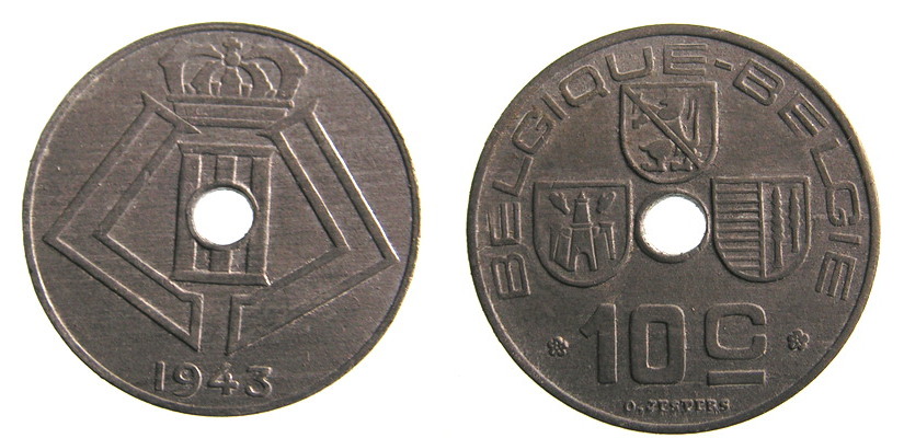 9702. BELGIA, 10 CENTIMES, 1943