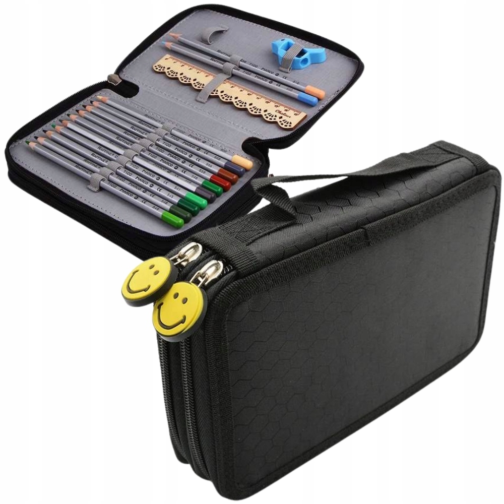 PIÓRNIK SZKOLNY ROZKŁADANY DWUKOMOROWY PRZYBORNIK ORGANIZER NA KREDKI EMOTY