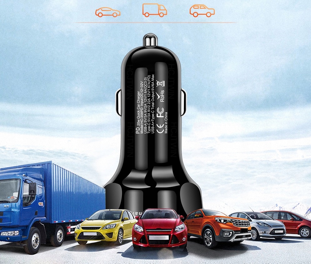 SZYBKA ŁADOWARKA SAMOCHODOWA 4xUSB QC PD + KABEL Kolor czarny