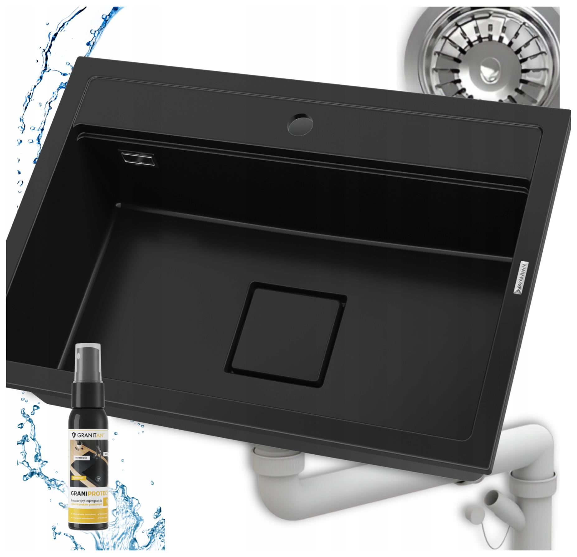 Granitový kuchynský drez jednokomorový drez Stone XL sifónová maska