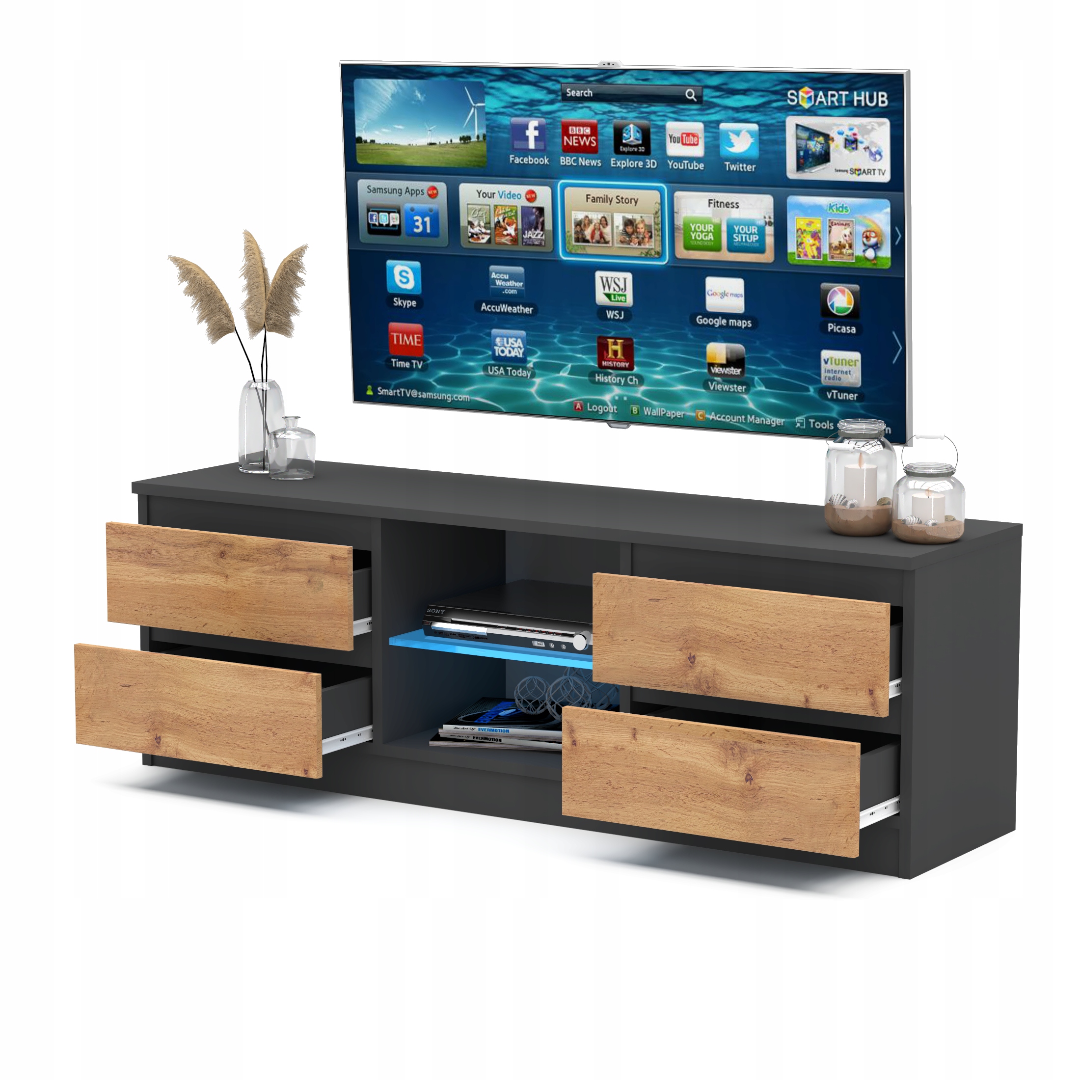 Szafka RTV ANTRACYT/DĄB WOTAN Szafka Stojąca 4 szuflady Stolik pod TV 138cm Kod producenta AZ_RTV138SZ4_SZM/DW