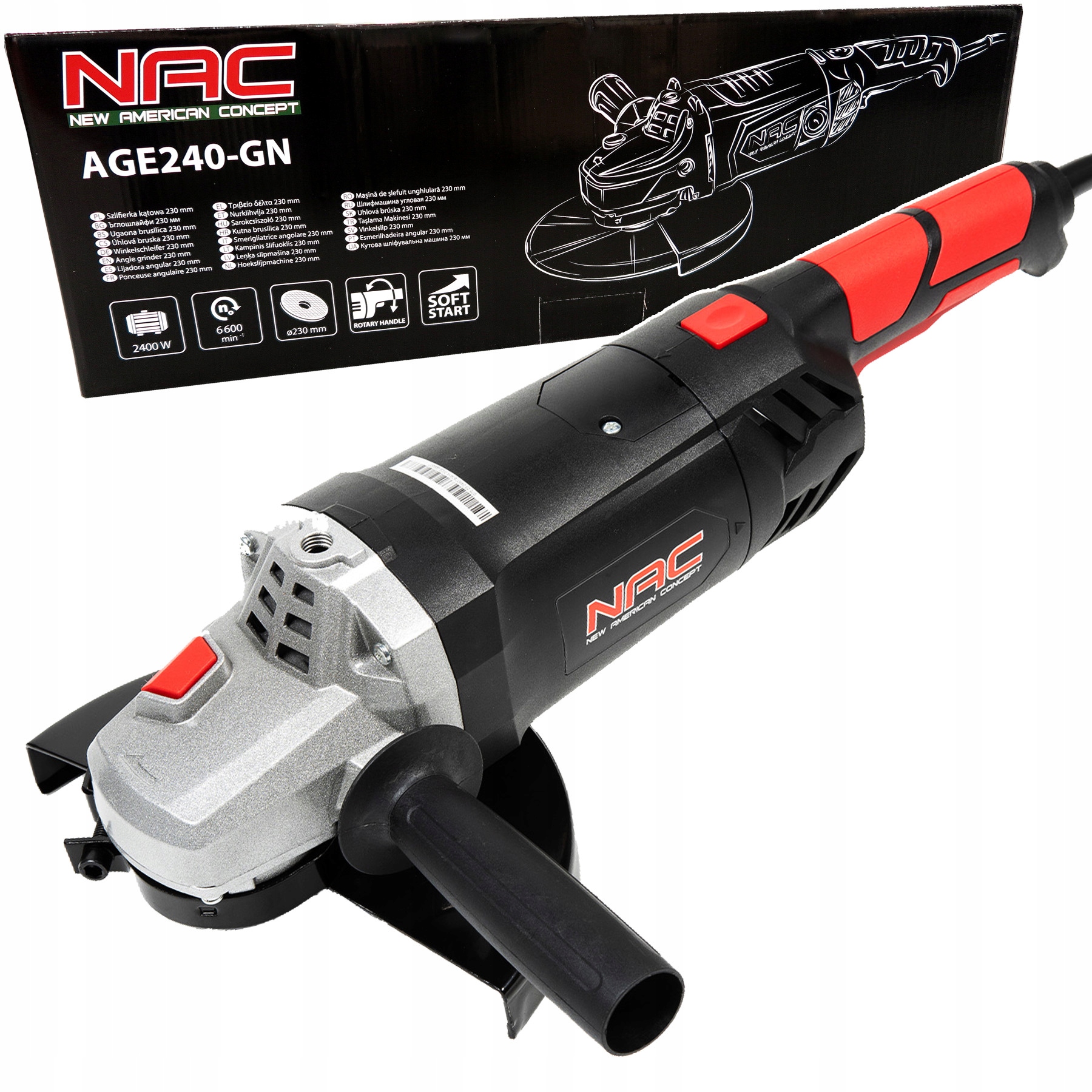 Szlifierka kątowa kątówka Nac AGE240-GN Soft Start obr.rączka 230mm 2400W