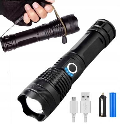 Mocna Latarka Taktyczna Led XHP90 Wojskowa Zoom, Duży Akumulator 3000 mAh