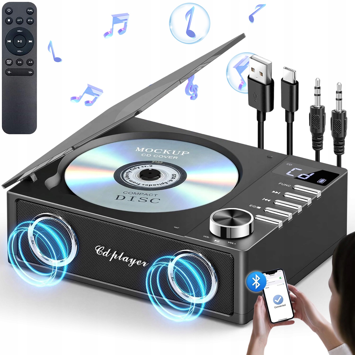 Přenosný CD Přehrávač Bluetooth 5.3 S Dálkovým Ovládáním Usb Tf Aux 4000 Mah Dárek