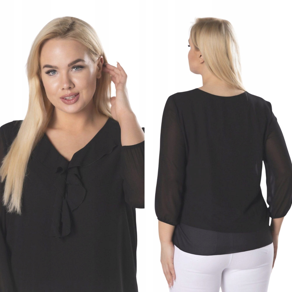 Šifonová halenka s volánky na prsou, barva černá, velikost 5XL
