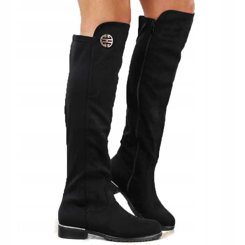 Černé dámské semišové kozačky zateplené před kolenem, elegantní