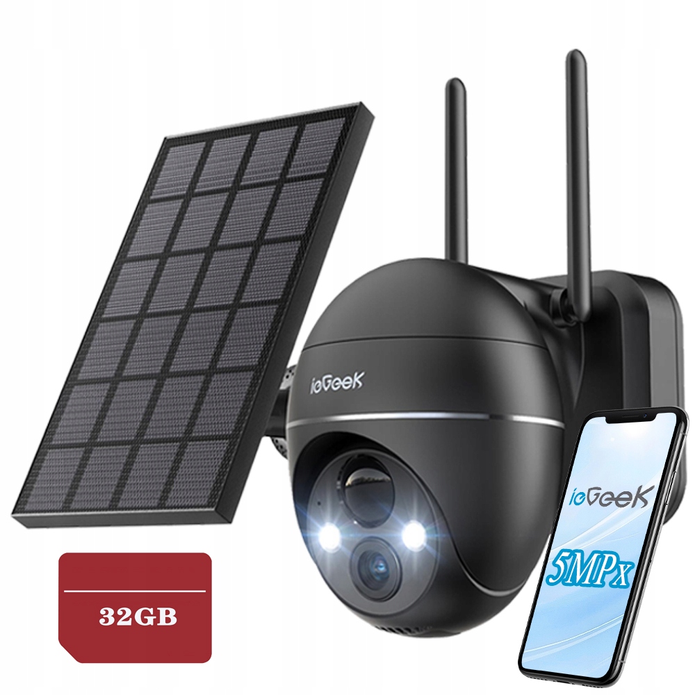 5MPx Venkovní WiFi kamera Otočná 4x Zoom Solární bezdrátová 32GB Sd