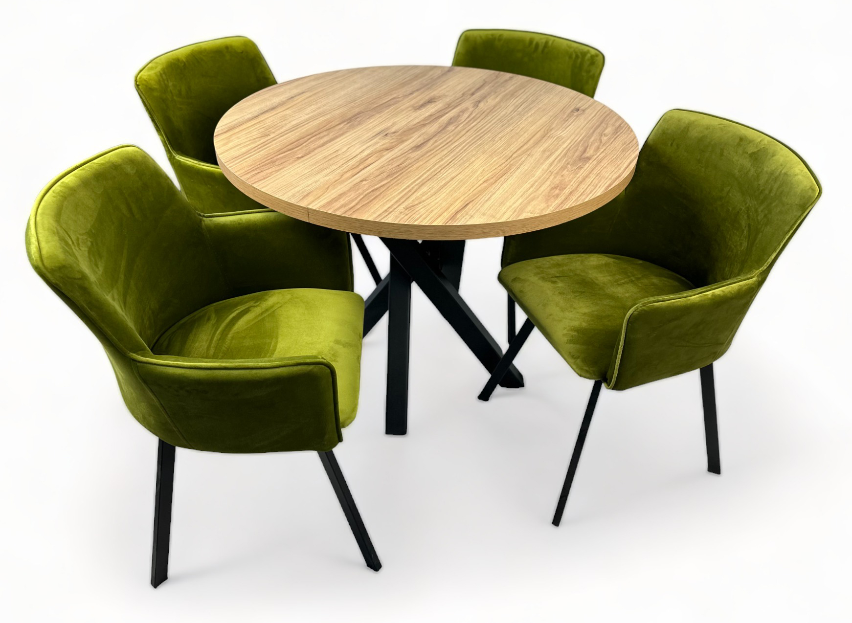 Stół okrągły Metalowe nogi Czarny Dąb Jasny Egger Ø100+40 + 4 Krzesła WIKI