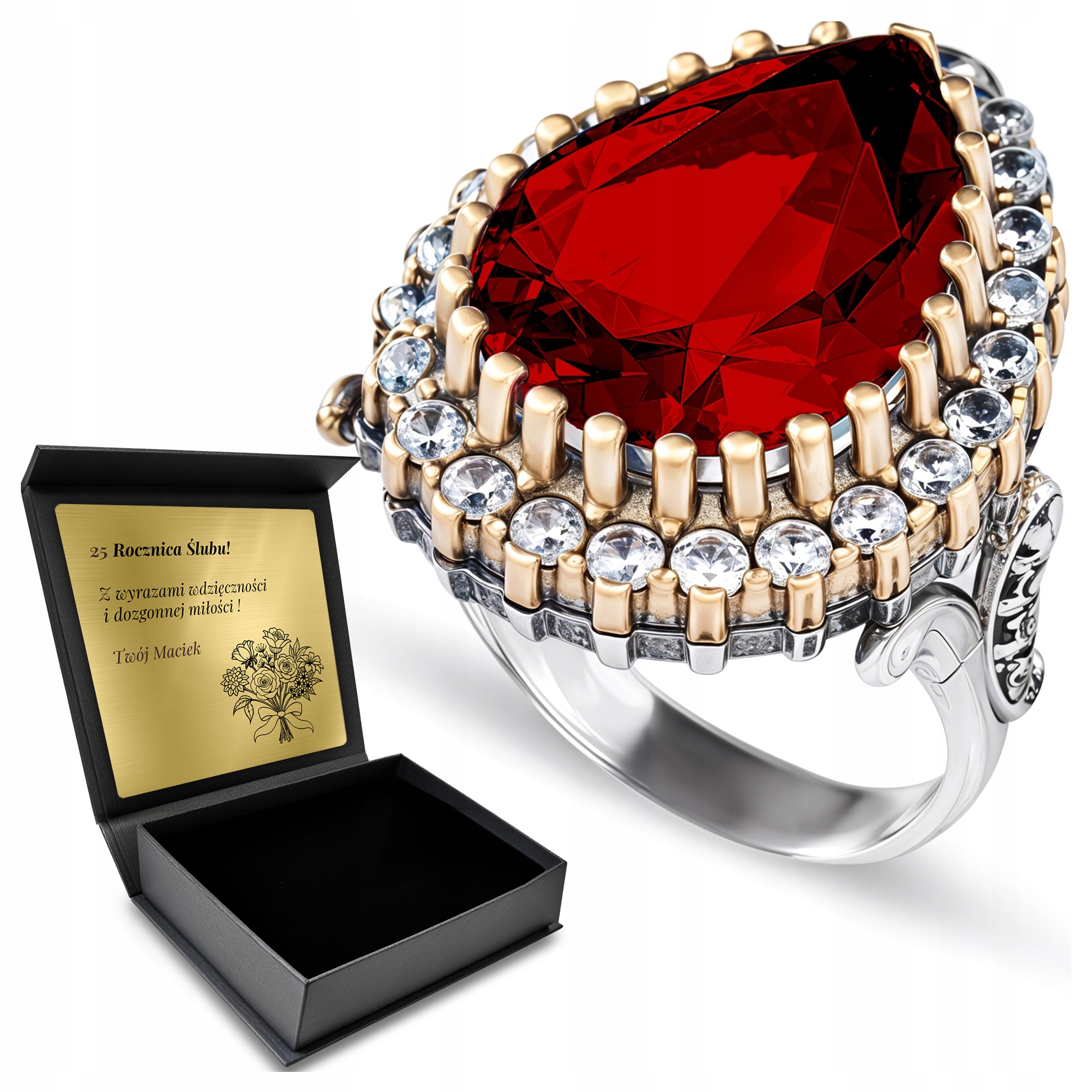 Prstýnek 925 S Zirkony A Rubínem pro ženy Gravírování Bonus