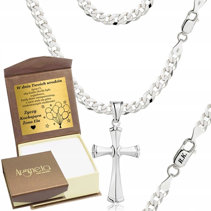 Łańcuszek Męski Srebrny Pancerka 5,00 mm z Krzyżykiem pr 925 Grawer Gratis