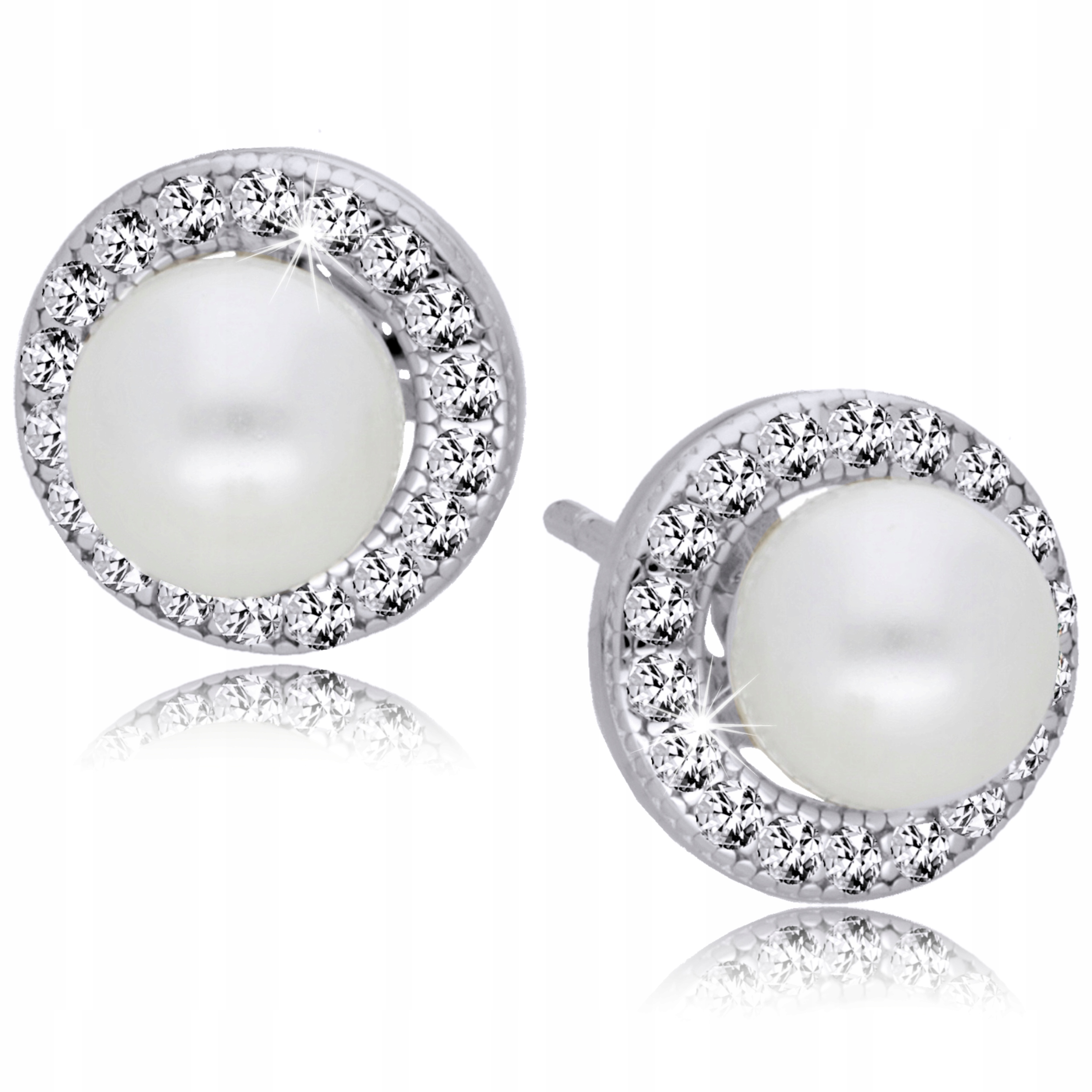 Srebrne Kolczyki 925 Perły Wkręty z cyrkoniami Dla Kobiety