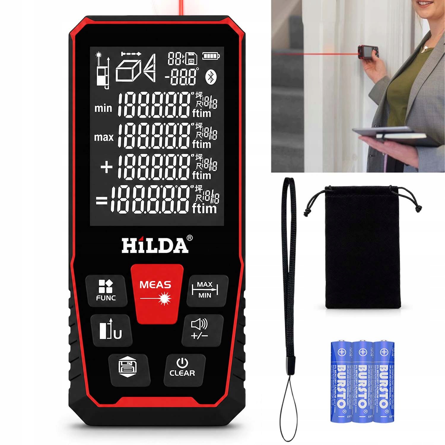 Laserový Dálkoměr Digitální Vodováha Vzdálenost 50 M LCD S Baterií Aa