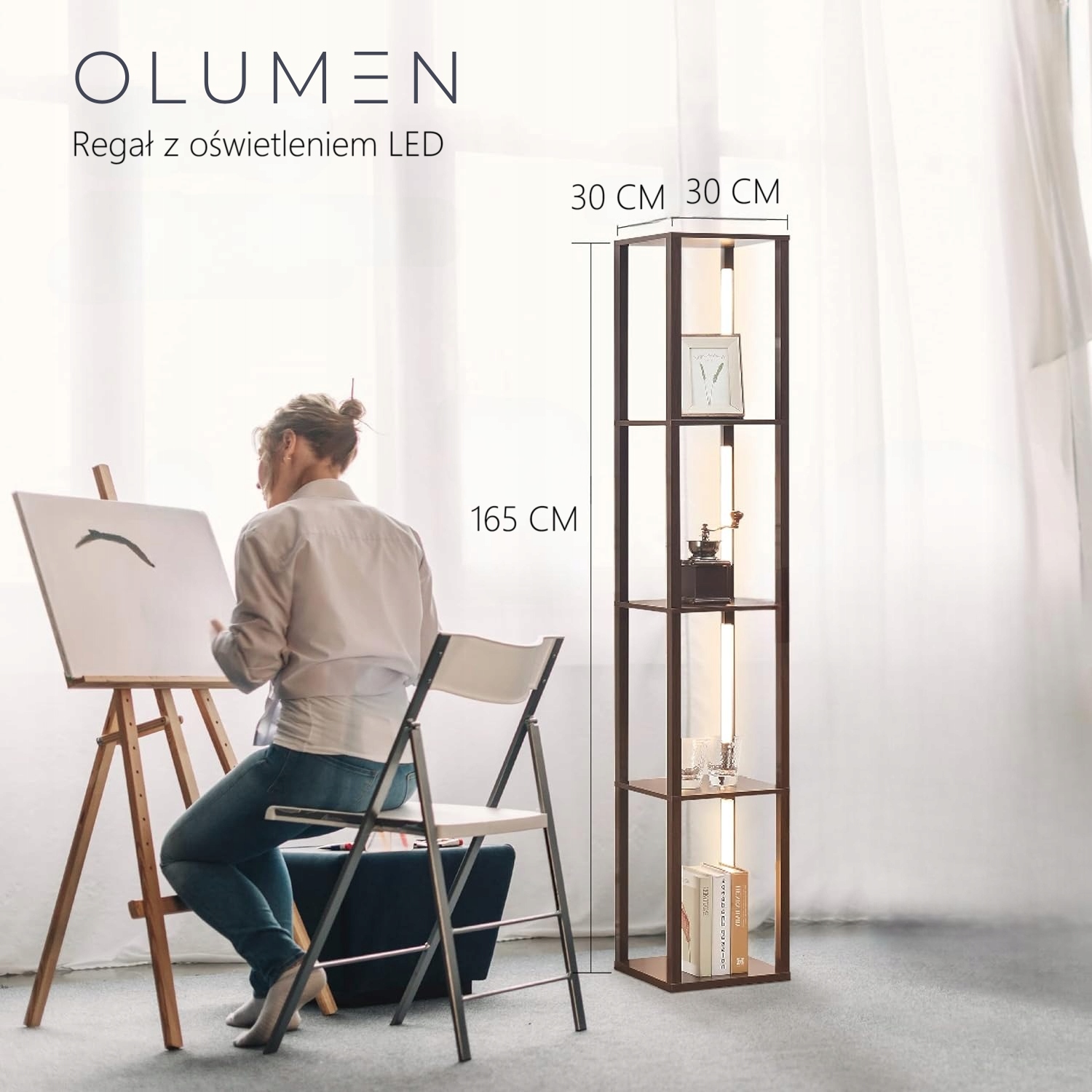 LAMPA PODŁOGOWA STOJĄCA DREWNO PÓŁKA CZARNA LED ŚCIEMNIANIE 2w1 LOFT 165CM Długość/wysokość 165 cm