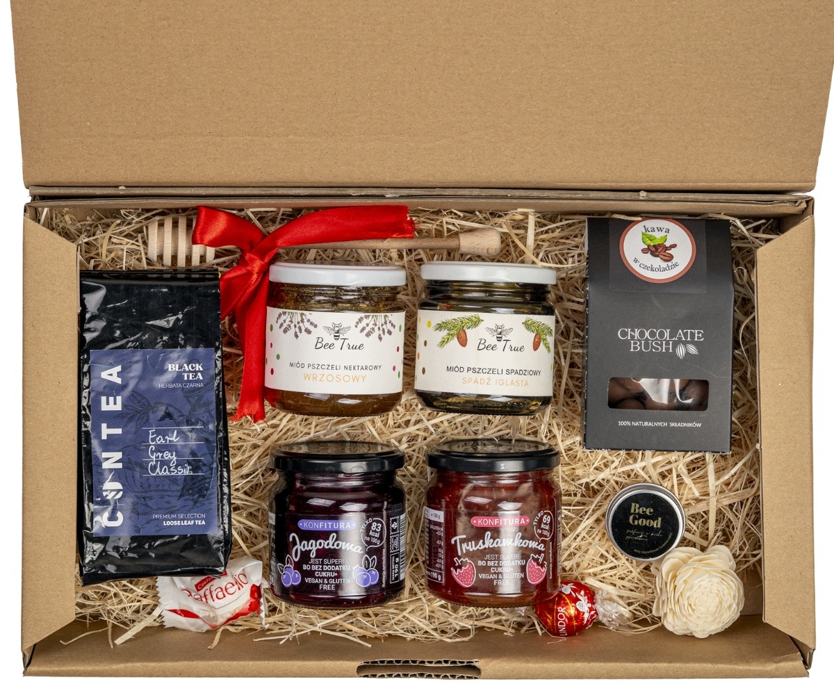 Box Prezentowy: 2xmiód+ Herbata+ 2x konfitury Perfumy+ słodycze#201