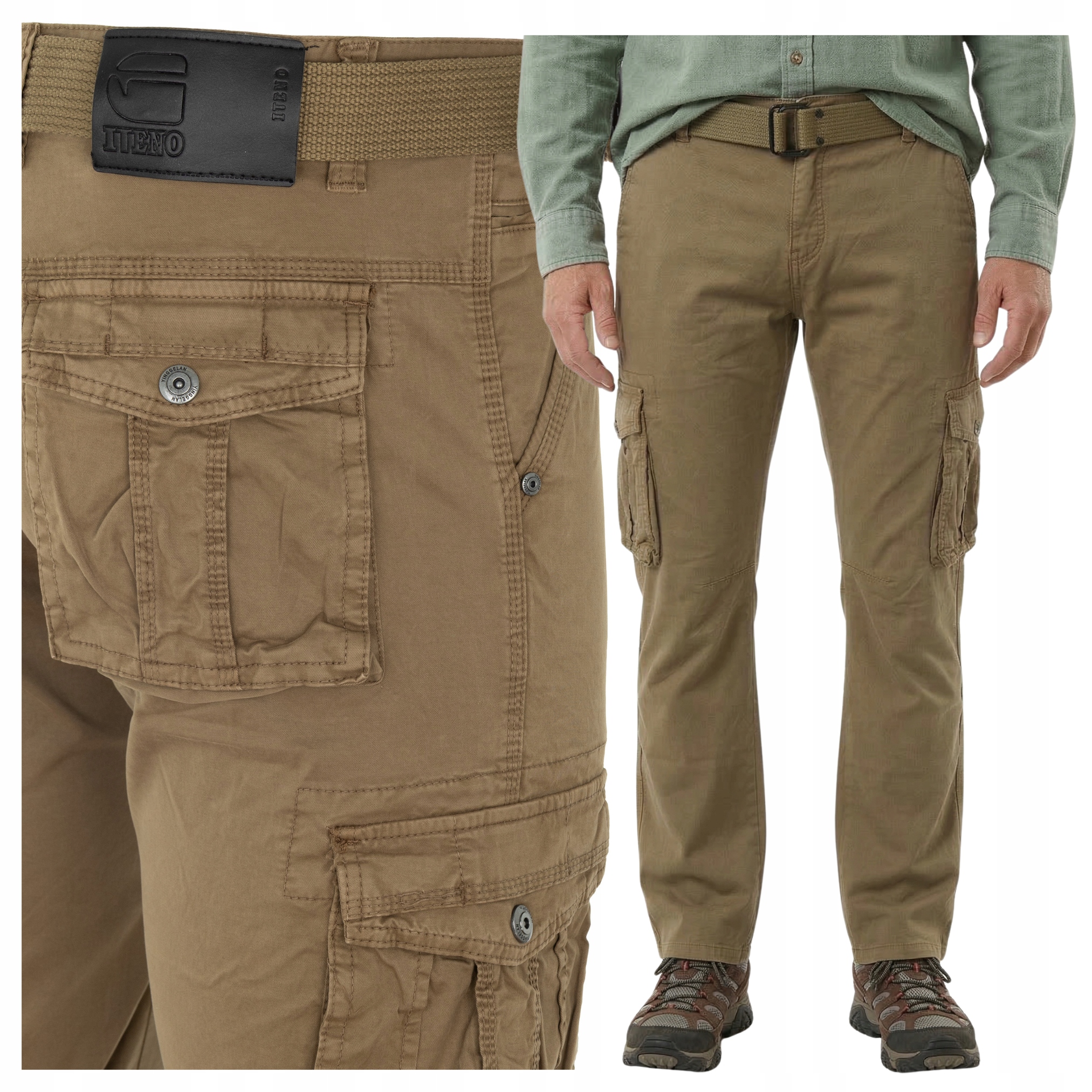 spodnie Bojówki męskie Bawełniane beżowe Iteno Pasek W30