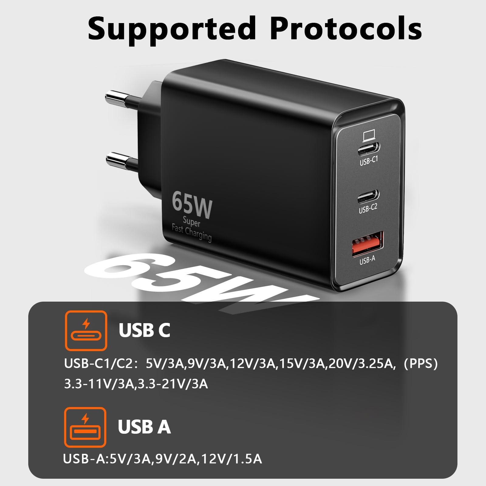 Ładowarka USB C 65 W, 3 porty 2 USB C + 1 USB A SB-C PPS Szybka — miniatura 5