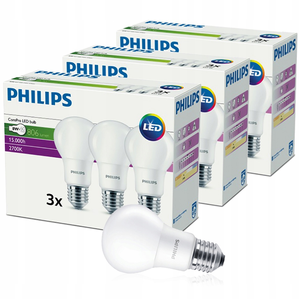 

9x Żarówka Led E27 8W 60W 806lm 2700K Philips
