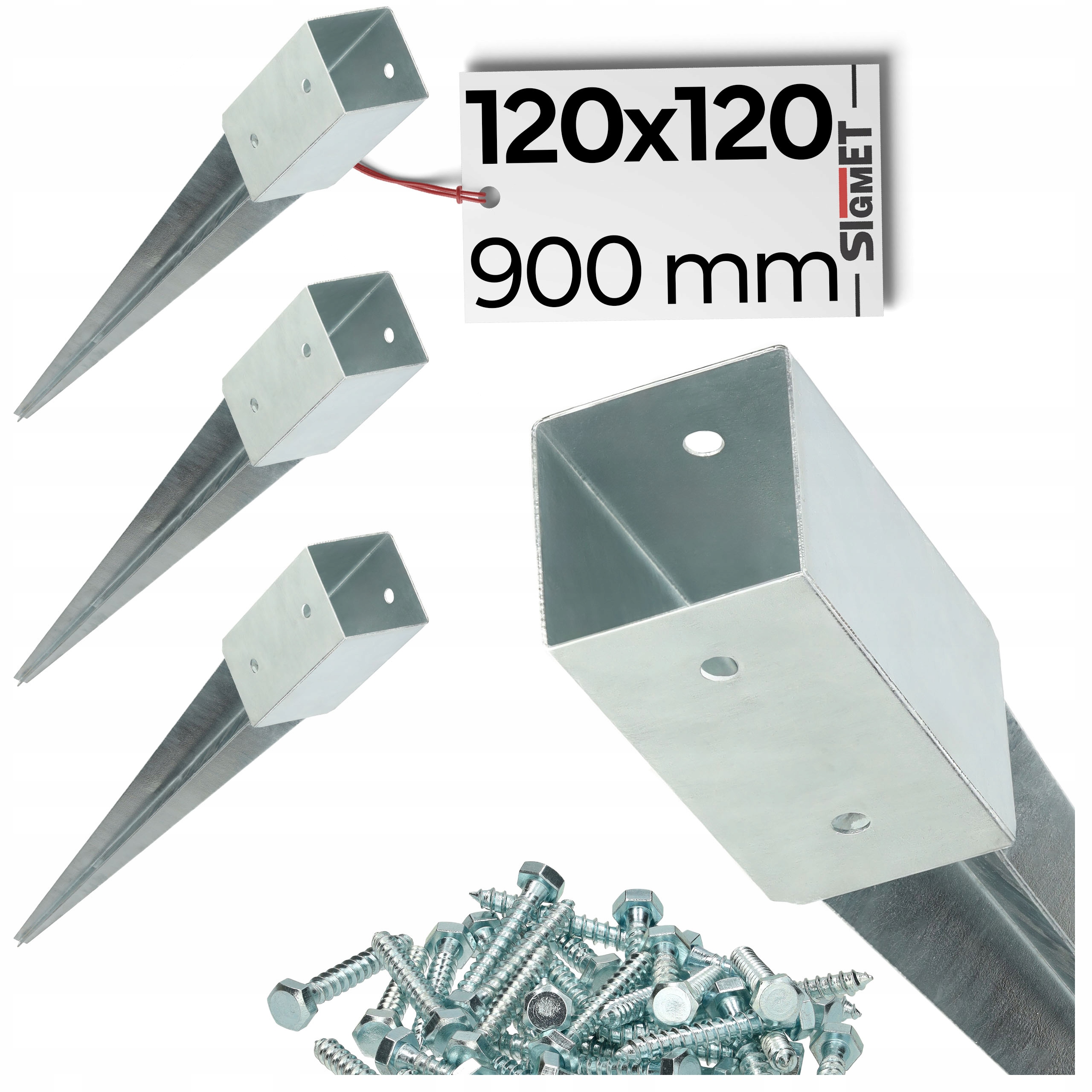 4 x základňa stĺpika zatĺkacia kotva 120 x 120 750 mm pozinkovaná skrutky na montáž