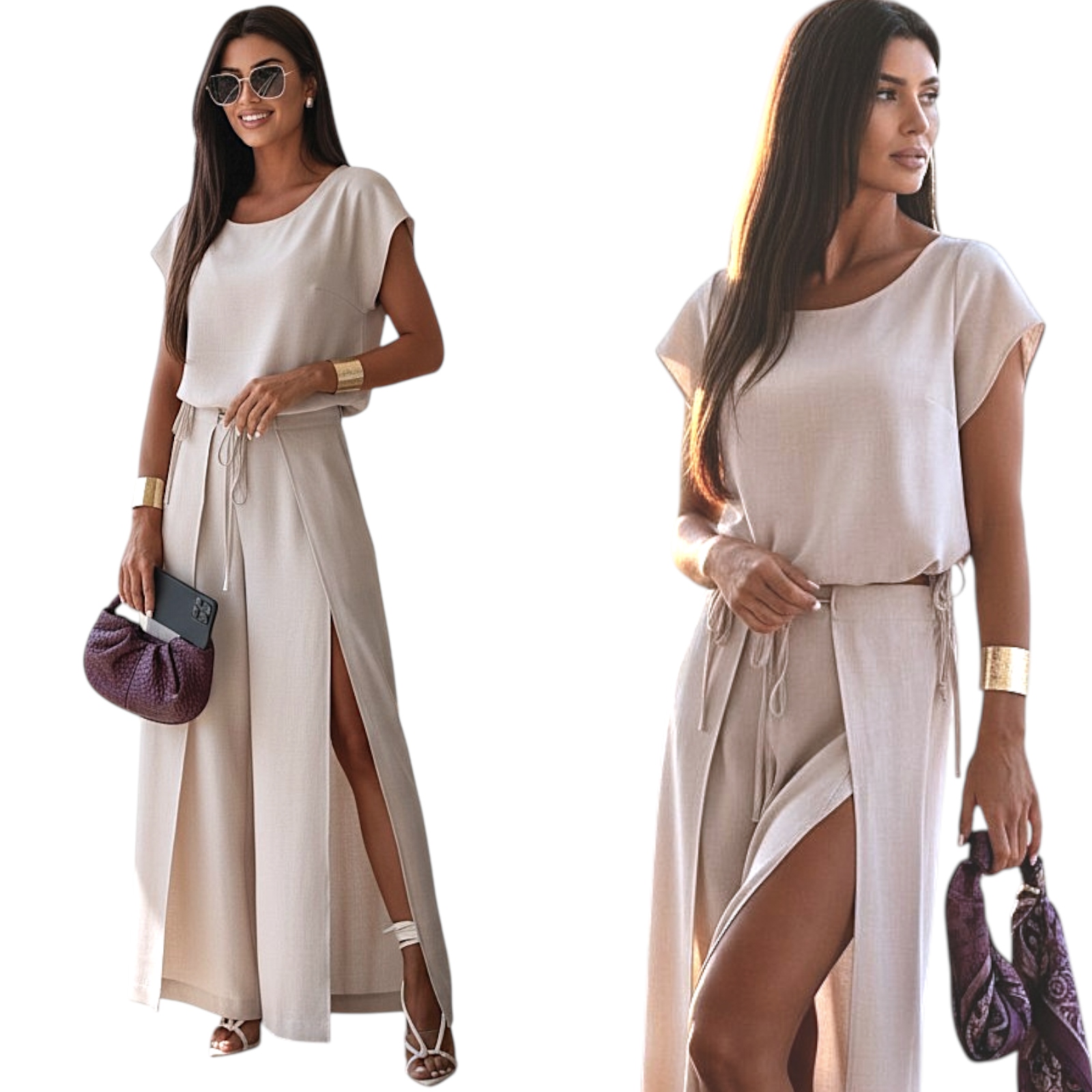 komplet damski Szerokie spodnie bluzka Polska produkcja Beż XL