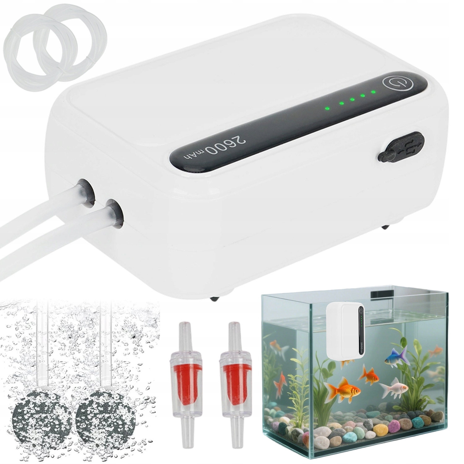 Levně Akumulátorová Vzduchová Pumpa Pro Akvárium 2600 Mah S Dvojitým Otvorem