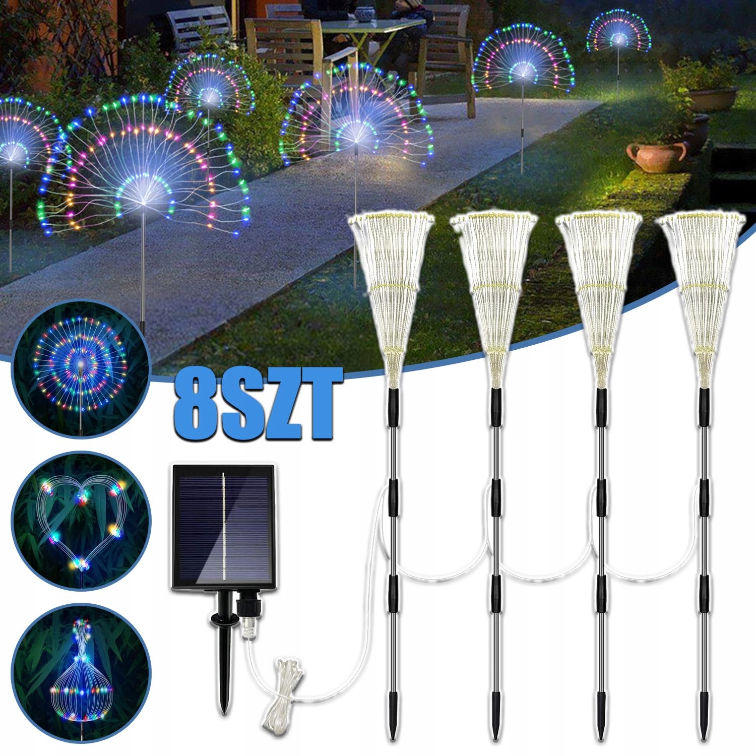 8X Solární Lampa Led Lampa Pampeliška Ohňostroj Zapichovací Zahradní Rgb Barevná