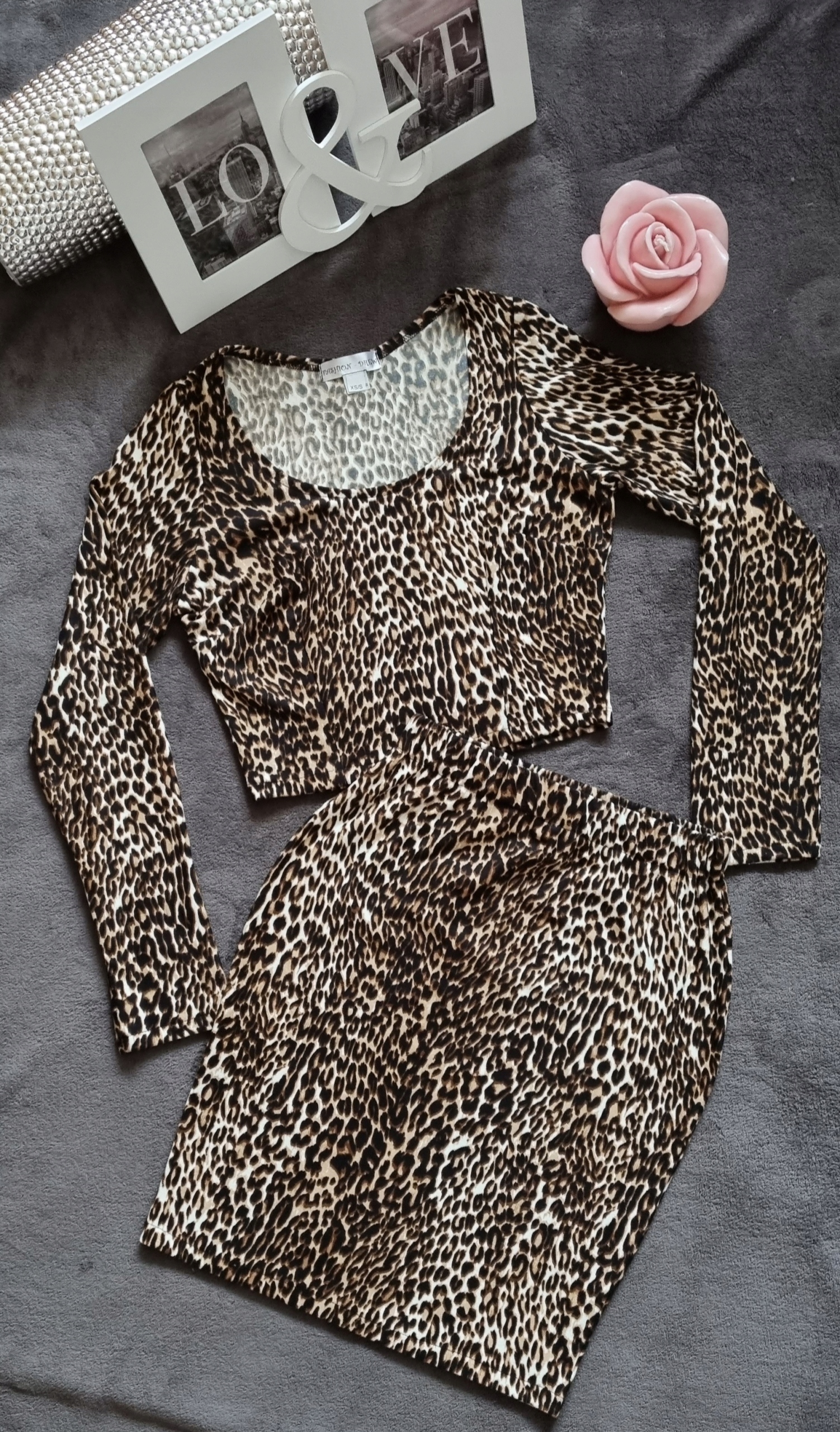 KOMPLET ZESTAW krótka BLUZKA TOP + SPÓDNICZKA MIDI na GUMCE PANTERKA S/M Rozmiar S/M