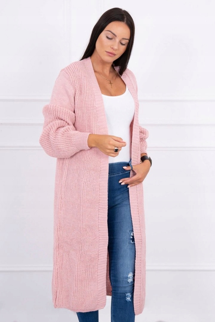 DŁUGI CIEPŁY SWETER DAMSKI KARDIGAN pudrowy róż Model 2019-2