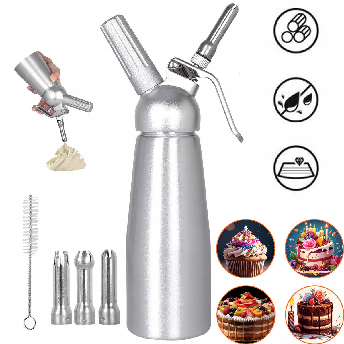 Hliníkový Sifon Na Šlehačku Se 3 Nástavci Z Nerezové Oceli O Objemu 0.5 L