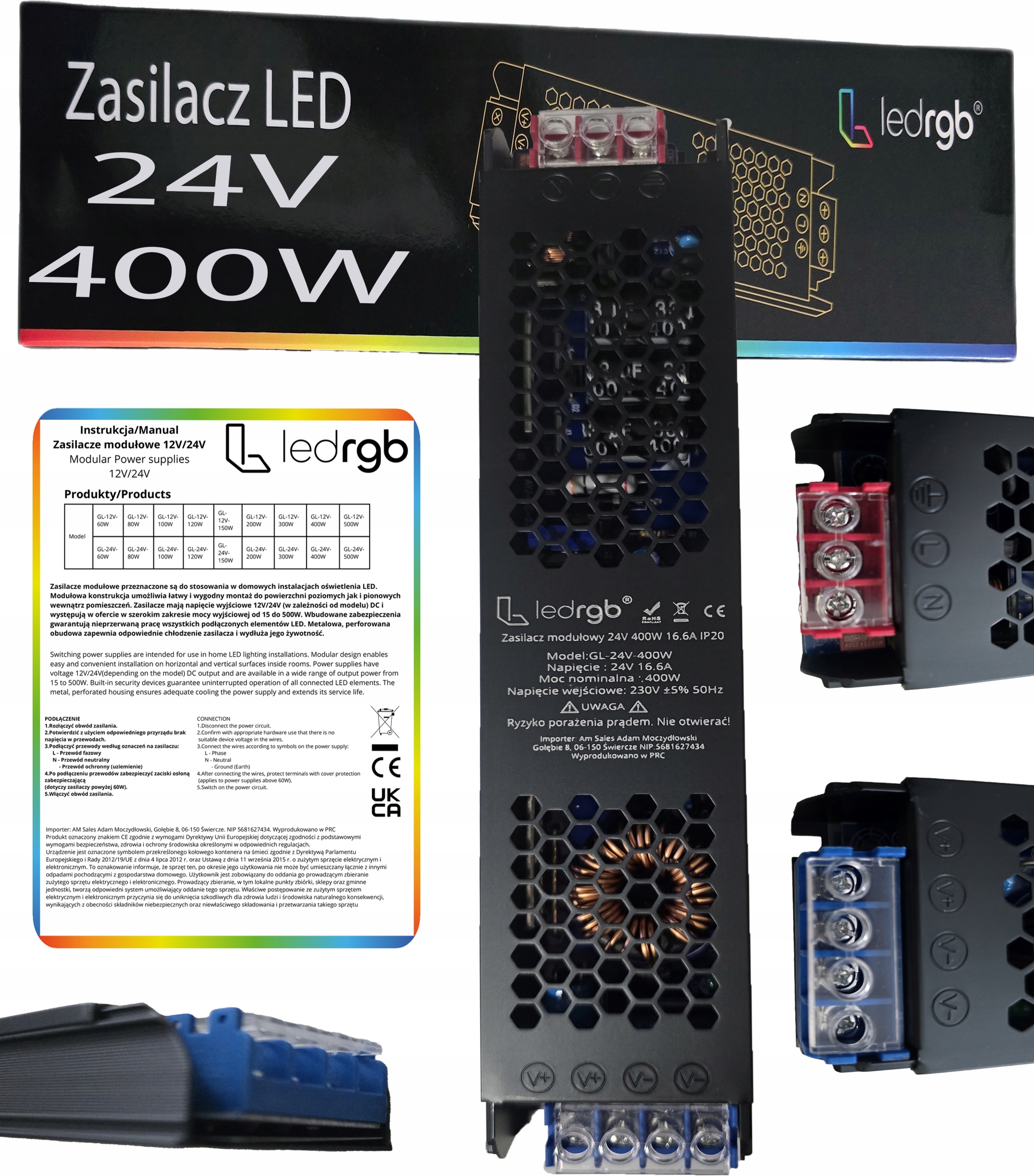 Montážní napájecí zdroj 24V 16.6A 400W Premium pro Led modulární Ac DC Slim Výkonný