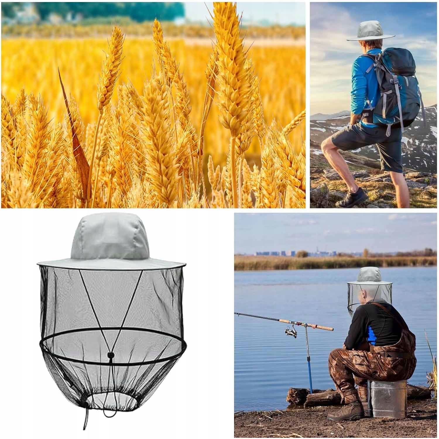 KAPELUSZ RYBAKA PARASOLKA OCHRONA PRZED SŁOŃCEM I ŚRODEK ODSTRASZAJĄ KOMARY Kolor dominujący odcienie szarości