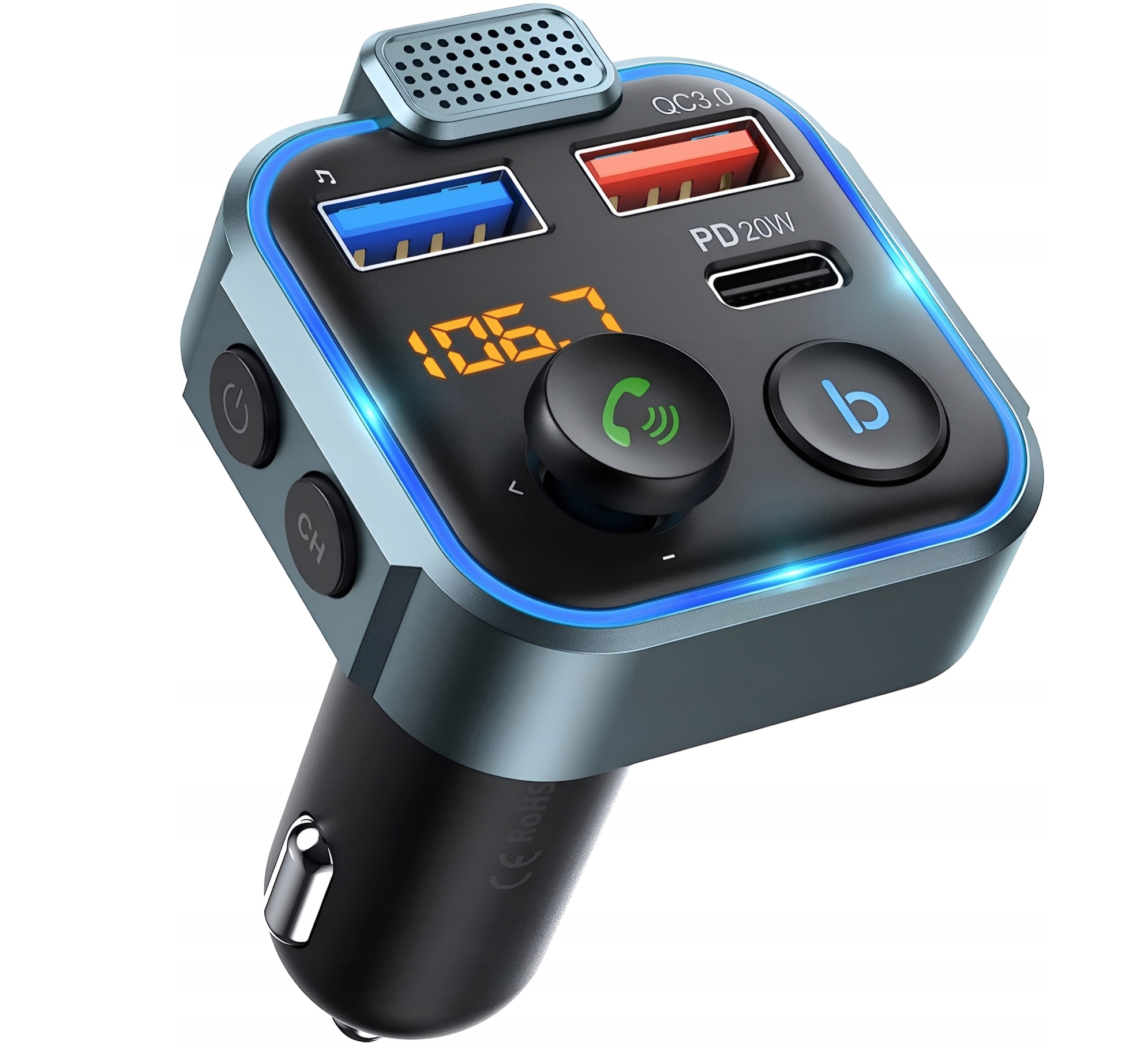 TRANSMITER BLUETOOTH AUDIO FM MP3 BT PRZEJŚCIÓWKA ADAPTER 3X USB QC 3.0 RGB Załączone wyposażenie TRANSMITER BLUETOOTH ŁADOWARKA USB