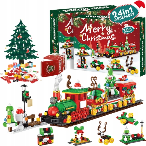 Adventní Kalendář 24 Okének, Stavební Kostky, Vánoční Vlak