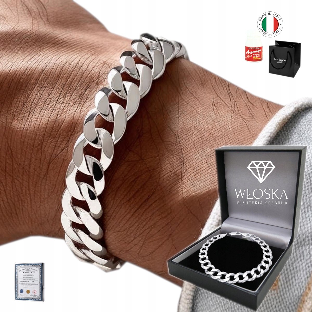 Stříbrný Pánský Náramek 10 mm Pancíř Na Ruku Diamantový Široký PR.925