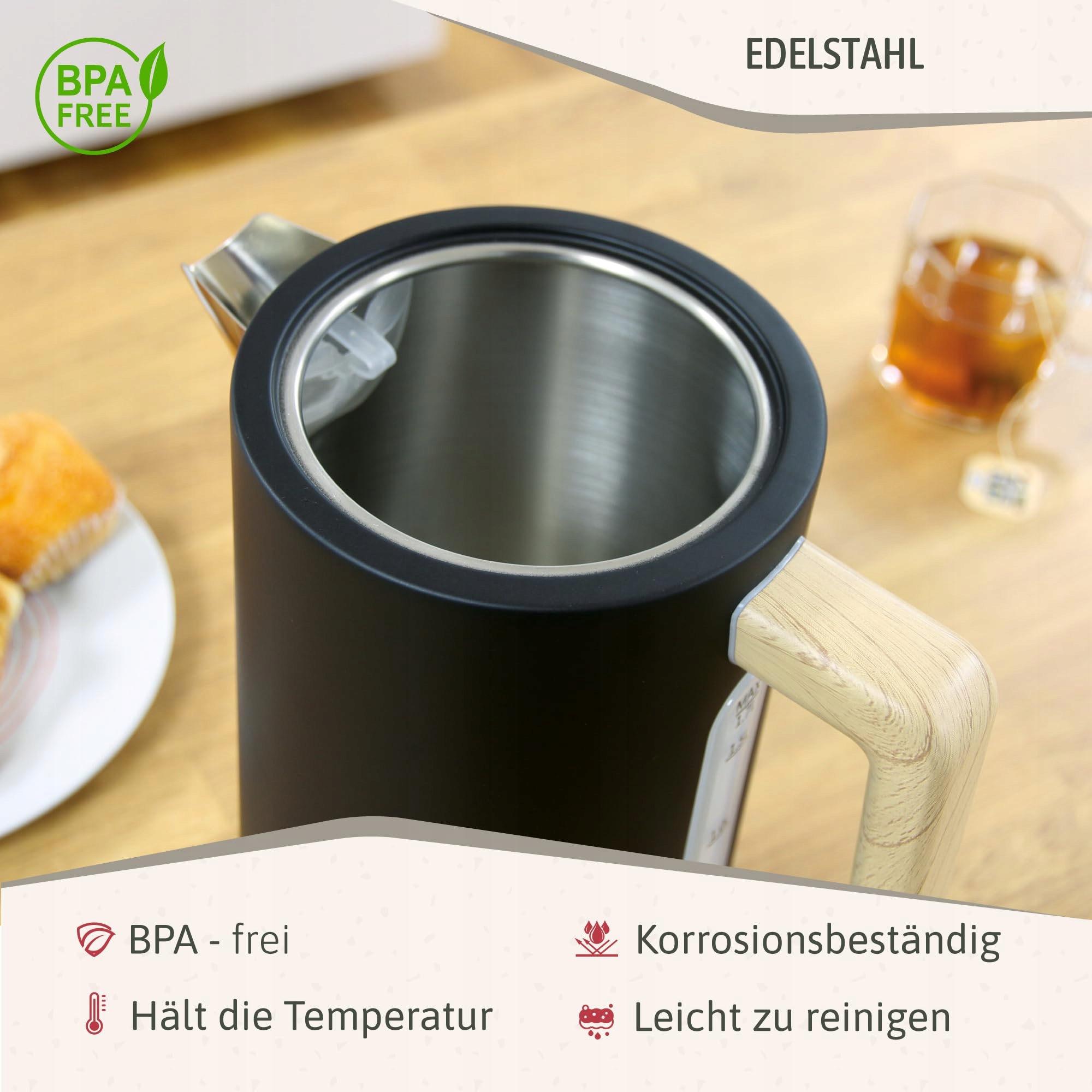 BRIEBE Czajnik Elektryczny 1,7L 2200W Bezprzewodowy BPA Free Nordycki Desig — miniatura 5