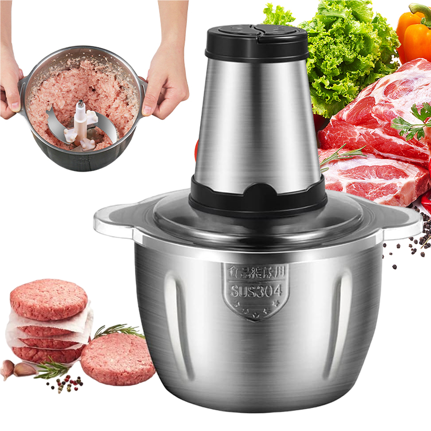 Elektrický Mlýnek Na Maso 2L Z Nerezové Oceli 2 Rychlosti