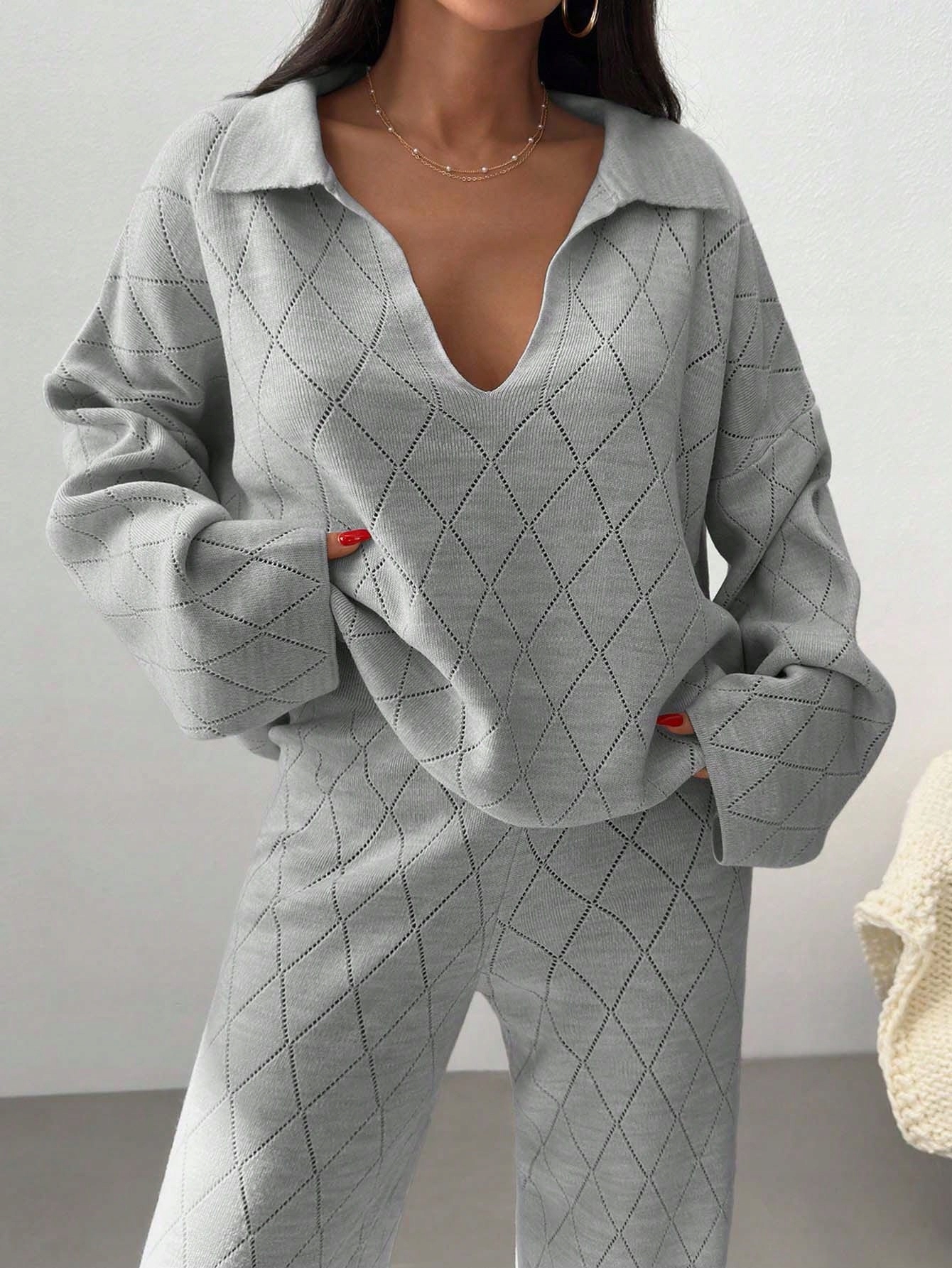 Pletený Komplet Volný Šedý S Límečkem Na Podzim Shein 3XL 46