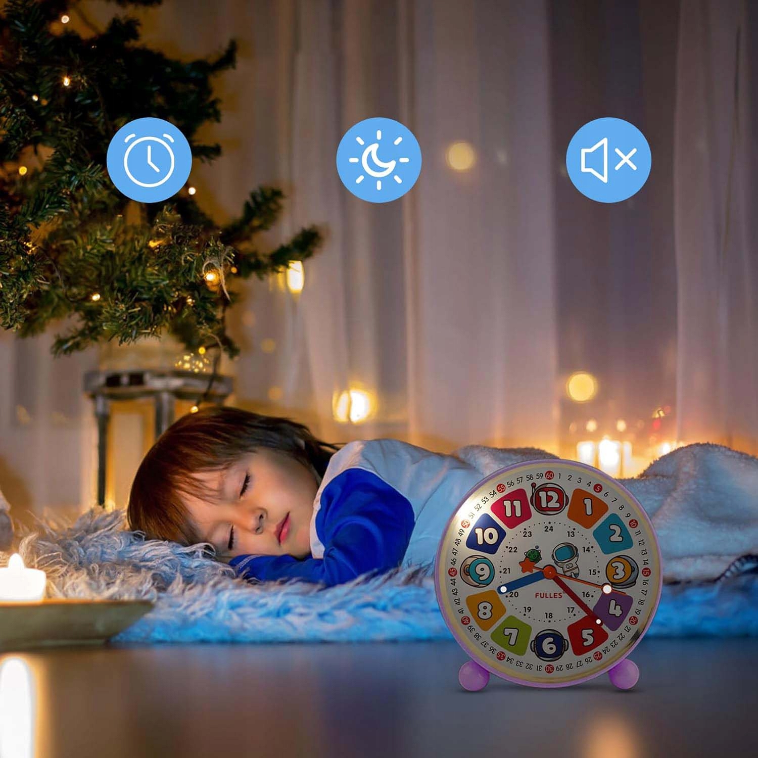 BUDZIK DLA DZIECKA ZEGAR EDUKACYJNY CICHY Z LAMPKĄ NOCNĄ NIEBIESKI Kształt okrągły