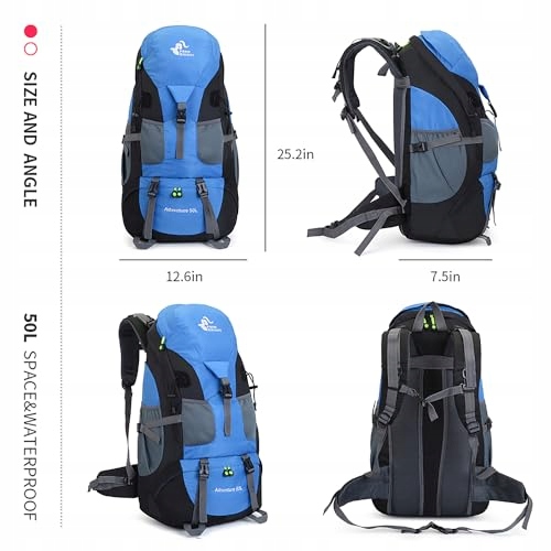 BSEASH Plecak Turystyczny 50L Lekki Wodoodporny Outdoor Camping Niebieski — miniatura 2