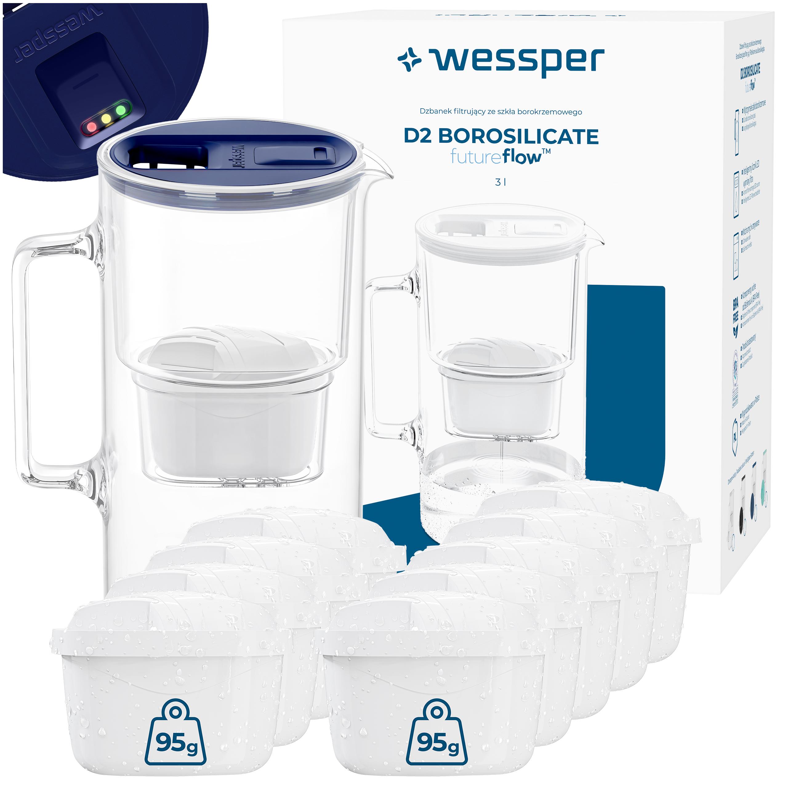Skleněná filtrační konvice Wessper D2 Borosilicate 3 l futureflow 10 x filtr