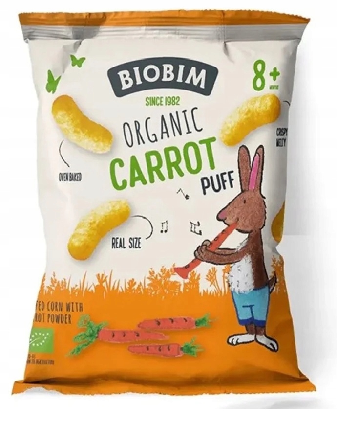 BIOBIM CHRUPKI KUKURYDZIANE Z MARCHEWKĄ BIO EKOLOGICZNE WIT B1 20g DATA
