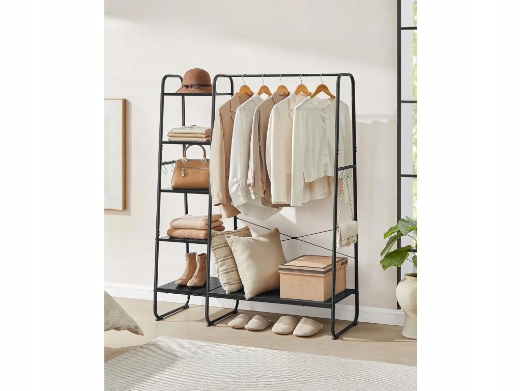 Kovový stojan na odevy s policami 5+1 čierny