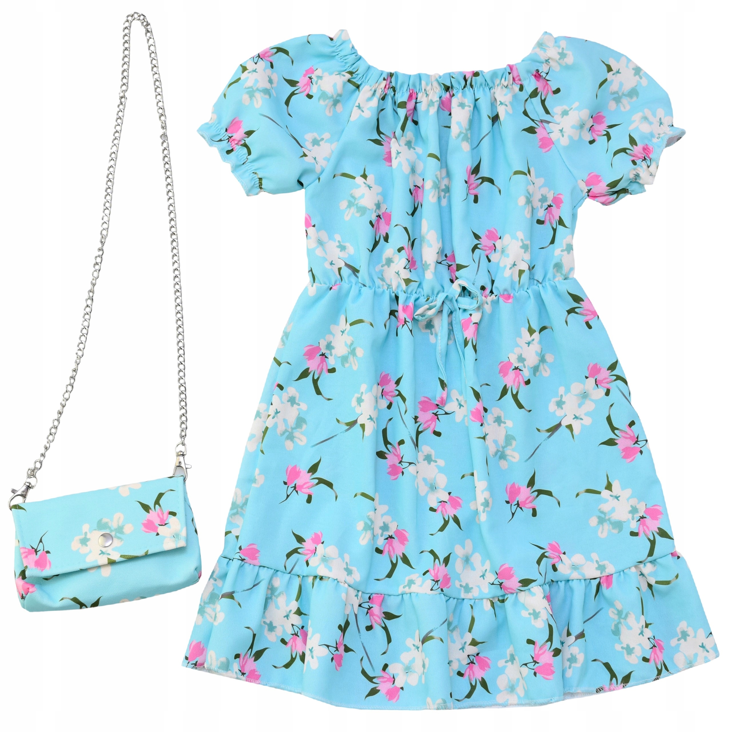 BŁĘKITNA DZIEWCZĘCA SUKIENKA Z TOREBKĄ KWIATY ELEGANCKA NA WESELE Roz. 14L