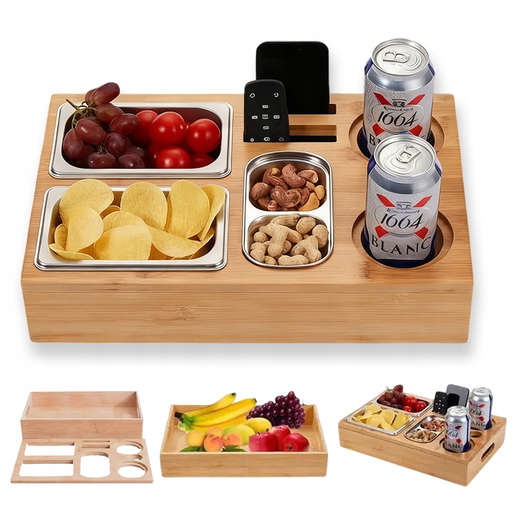 Bambusový Organizér Se 3 Ocelovými Miskami, Víko Na Svačinu